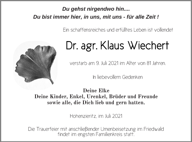  Traueranzeige für Klaus Wiechert vom 16.07.2021 aus Strelitzer Zeitung