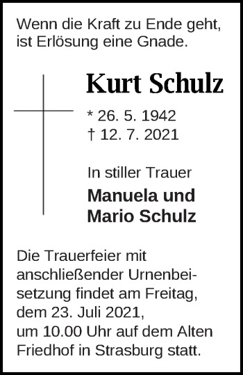 Traueranzeige von Kurt Schulz von Pasewalker Zeitung