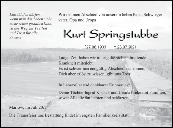 Traueranzeige von Kurt Springstubbe von Mecklenburger Schweiz