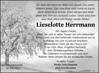 Traueranzeige von Lieselotte Herrmann von Haff-Zeitung
