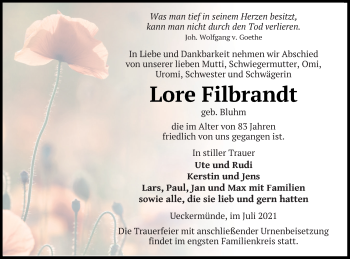 Traueranzeige von Lore Filbrandt von Haff-Zeitung