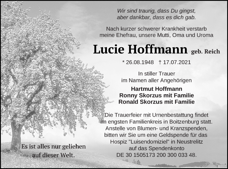  Traueranzeige für Lucie Hoffmann vom 24.07.2021 aus Strelitzer Zeitung