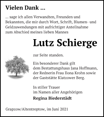 Traueranzeige von Lutz Schierge von Neubrandenburger Zeitung