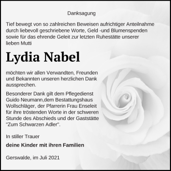 Traueranzeige von Lydia Nabel von Templiner Zeitung