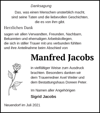 Traueranzeige von Manfred Jacobs von Müritz-Zeitung