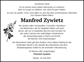 Traueranzeige von Manfred Zywietz von Vorpommern Kurier