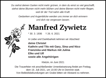 Traueranzeige von Manfred Zywietz von Vorpommern Kurier