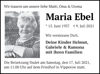 Traueranzeige von Maria Ebel von Müritz-Zeitung