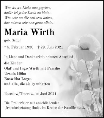 Traueranzeige von Maria Wirth von Mecklenburger Schweiz