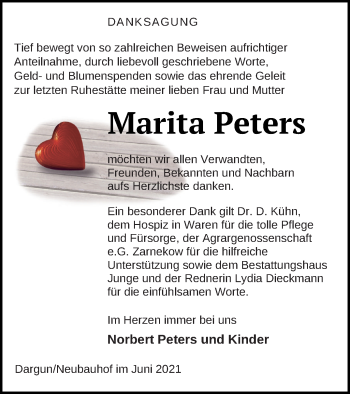 Traueranzeige von Marita Peters von Mecklenburger Schweiz