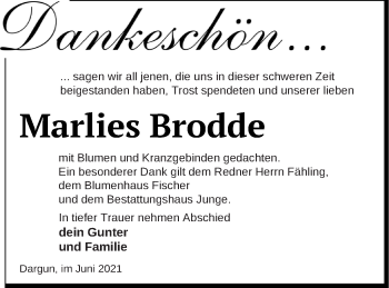 Traueranzeige von Marlies Brodde von Mecklenburger Schweiz