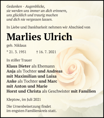 Traueranzeige von Marlies Ulrich von Prenzlauer Zeitung