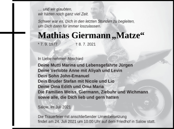 Traueranzeige von Mathias Giermann von Neubrandenburger Zeitung