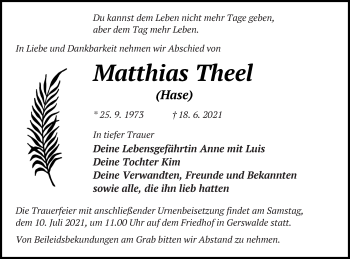 Traueranzeige von Matthias Theel von Templiner Zeitung