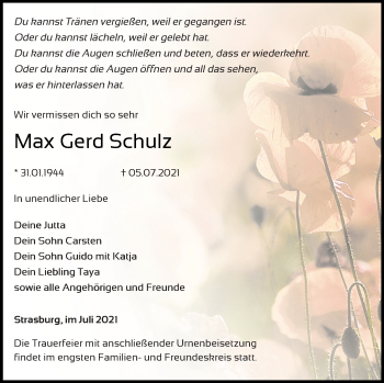 Traueranzeige von Max Gerd Schulz von Pasewalker Zeitung