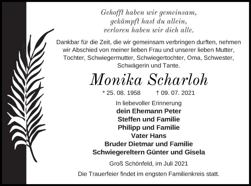  Traueranzeige für Monika Scharloh vom 23.07.2021 aus Neubrandenburger Zeitung