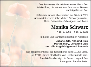 Traueranzeige von Monika Schwarz von Haff-Zeitung