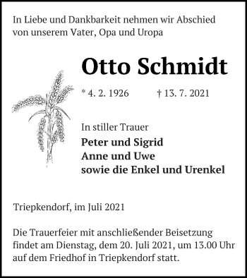 Traueranzeige von Otto Schmidt von Strelitzer Zeitung