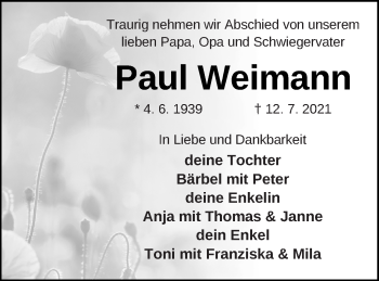 Traueranzeige von Paul Weimann von Vorpommern Kurier