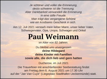 Traueranzeige von Paul Weimann von Vorpommern Kurier