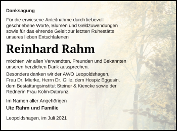 Traueranzeige von Reinhard Rahm von Haff-Zeitung