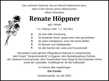 Traueranzeige von Renate Höppner von Haff-Zeitung