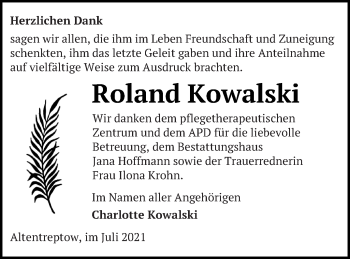 Traueranzeige von Roland Kowalski von Neubrandenburger Zeitung