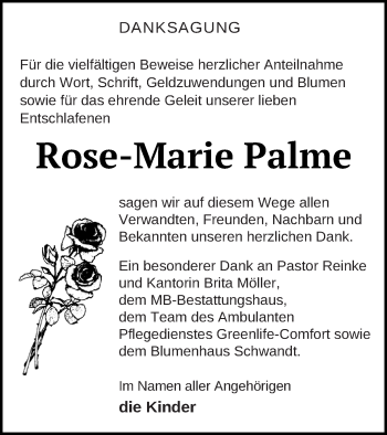 Traueranzeige von Rose-Marie Palme von Müritz-Zeitung