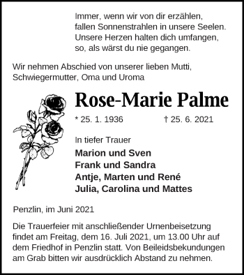 Traueranzeige von Rose-Marie Palme von Müritz-Zeitung