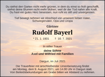 Traueranzeige von Rudolf Bayerl von Mecklenburger Schweiz