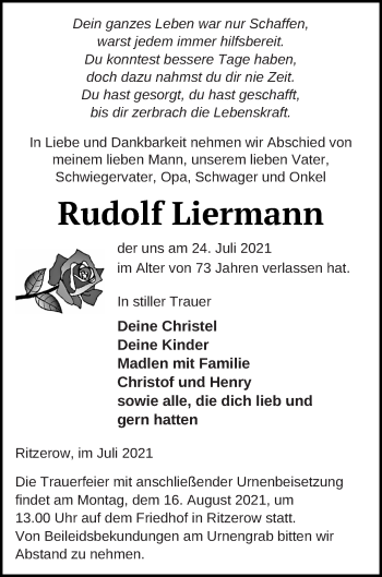 Traueranzeige von Rudolf Liermann von Mecklenburger Schweiz