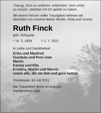 Traueranzeige von Ruth Finck von Strelitzer Zeitung