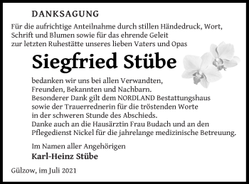 Traueranzeige von Siegfried Stübe von Mecklenburger Schweiz