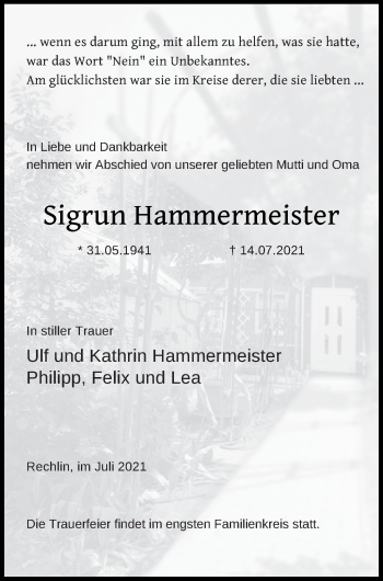 Traueranzeige von Sigrun Hammermeister von Müritz-Zeitung