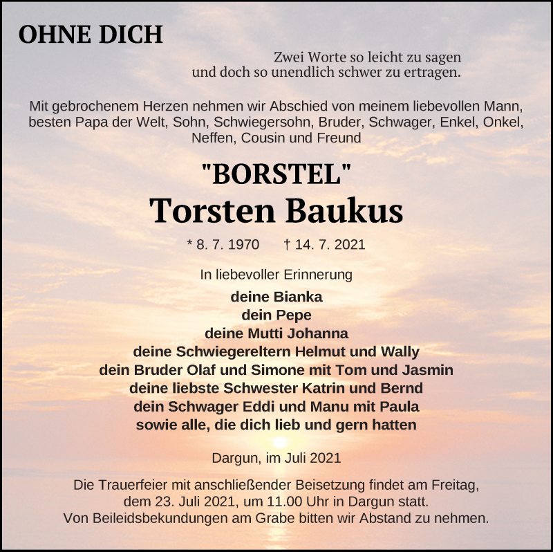  Traueranzeige für Torsten Baukus vom 17.07.2021 aus Mecklenburger Schweiz