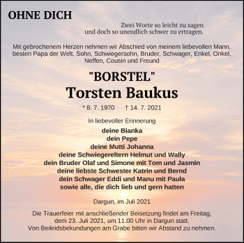 Traueranzeige von Torsten Baukus von Mecklenburger Schweiz