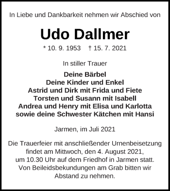 Traueranzeige von Udo Dallmer von Vorpommern Kurier