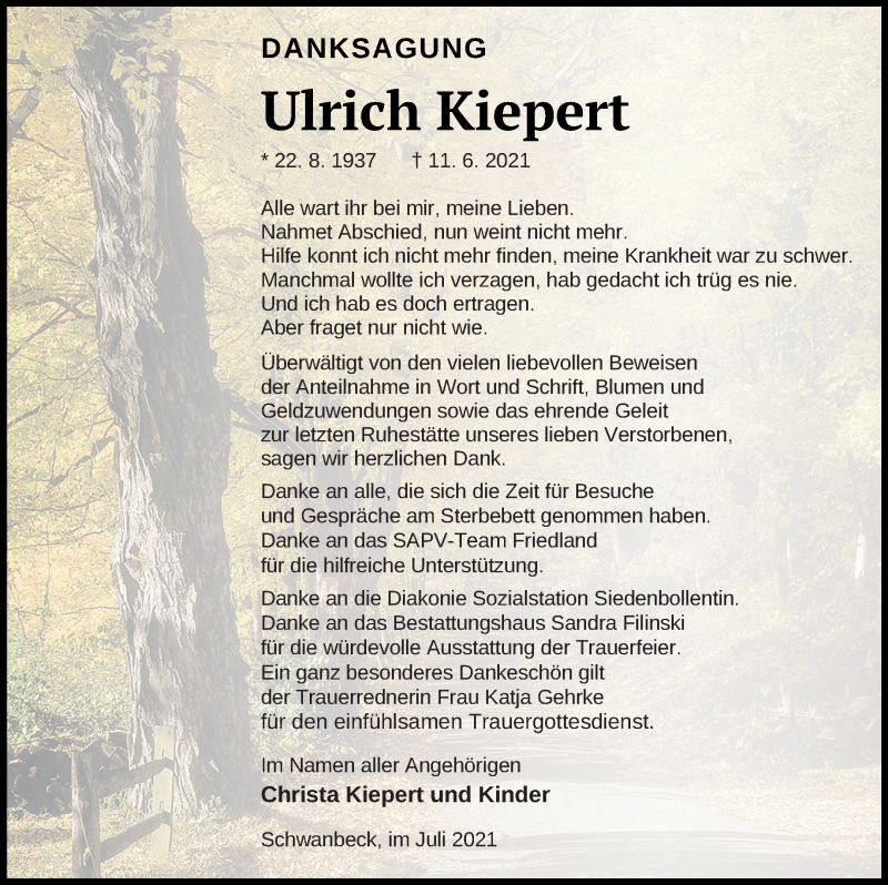  Traueranzeige für Ulrich Kiepert vom 24.07.2021 aus Neubrandenburger Zeitung
