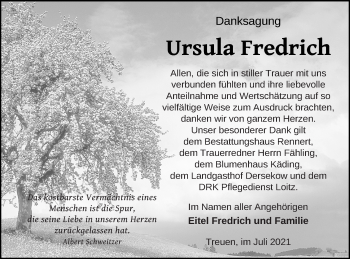 Traueranzeige von Ursula Fredrich von Vorpommern Kurier