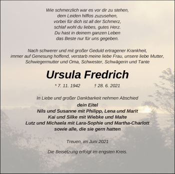 Traueranzeige von Ursula Fredrich von Vorpommern Kurier