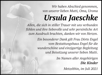 Traueranzeige von Ursula Jaeschke von Templiner Zeitung