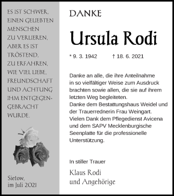 Traueranzeige von Ursula Rodi von Müritz-Zeitung