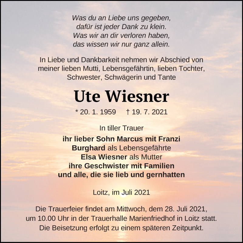  Traueranzeige für Ute Wiesner vom 22.07.2021 aus Vorpommern Kurier