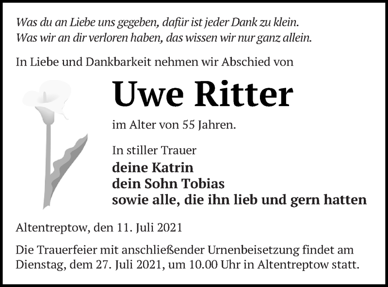  Traueranzeige für Uwe Ritter vom 16.07.2021 aus Neubrandenburger Zeitung