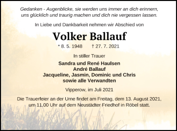 Traueranzeige von Volker Ballauf von Müritz-Zeitung