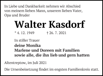 Traueranzeige von Walter Kasdorf von Demminer Zeitung