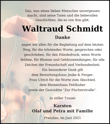 Traueranzeige von Waltraud Schmidt von Prenzlauer Zeitung