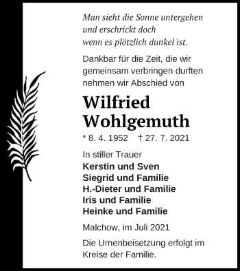 Traueranzeige von Wilfried Wohlgemuth von Müritz-Zeitung