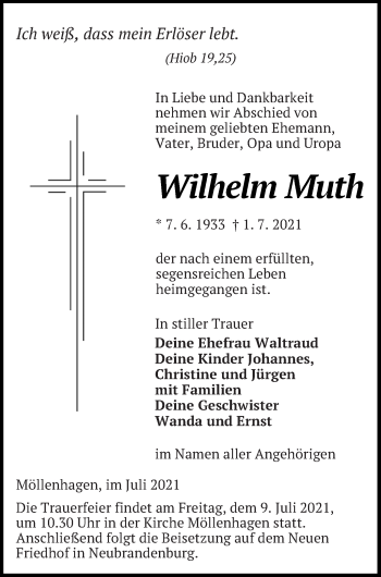 Traueranzeige von Wilhelm Muth von Müritz-Zeitung