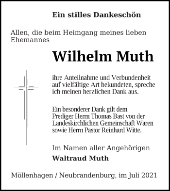 Traueranzeige von Wilhelm Muth von Müritz-Zeitung